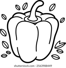 Vector of bell pepper illustration coloring page for kids - Pepper coloring book with coloring example for kids. Coloring page with pepper. Black and white and color version.