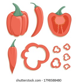 Vector bell peppers collection in cartoon style. Bright chili peppers vegetables isolated on white background. Healthy organic natural food and pepper slices for autumn farm market design.