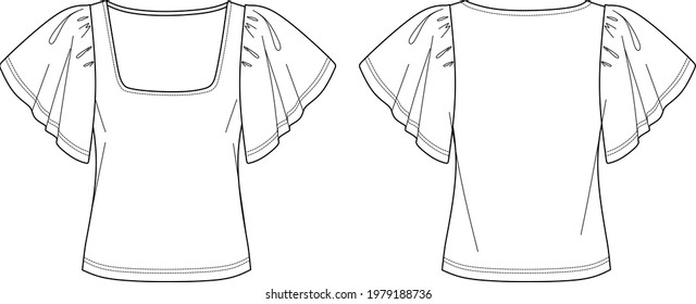 Vector bell short sleeved t shirt fashion CAD, trendy woman square neck top technical drawing, fashionable blouse template, flat, sketch. Jersey or woven fabric blouse with front, back view, white