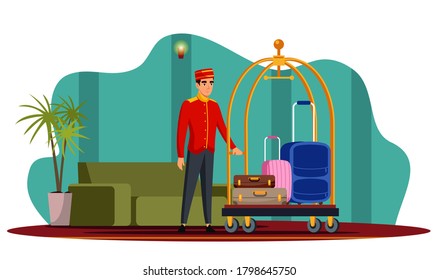 Vector bellboy character with luggage trolley in hotel hall. Porter man doorkeeper concierge in uniform pushing cart with guest briefcase, backpack, bag. Professional hotel staff service