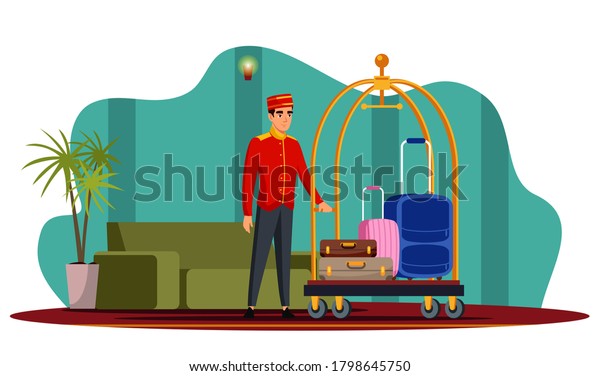 Vector\
bellboy character with luggage trolley in hotel hall. Porter man\
doorkeeper concierge in uniform pushing cart with guest briefcase,\
backpack, bag. Professional hotel staff\
service