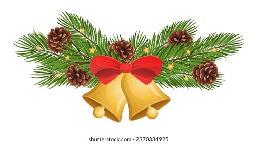 Vector bells with christmas tree branches isolated on white background