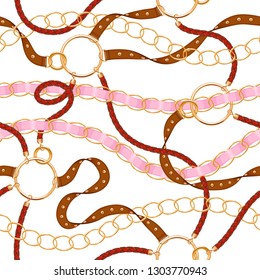 Vector belts and golden chains seamless background. Leather cords and silk ribbons decoration. Luxury fabric print.