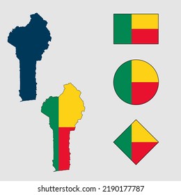 Vector of Benin country outline silhouette with flag set isolated on white background. Collection of Benin flag icons with square, circle, rectangle and map shapes.