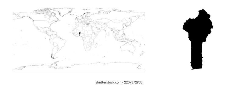 Mapa del vector Benín que muestra la ubicación del país en el mapa del mundo y mapa sólido para Benín sobre fondo blanco. El archivo es adecuado para la edición digital y las impresiones de todos los tamaños.