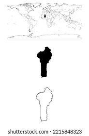 Vector Benin map, map of Benin showing country location on world with solid and outline maps for Benin on white background. File is suitable for digital editing and prints of all sizes.