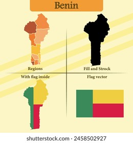 Vector benin map vector states and lines and full with vector flag and flag map