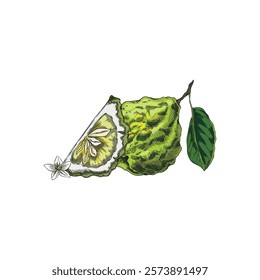 Vector of bergamot fruit, whole and slice with leaf and flower, hand drawn. Watercolor illustration of citrus plant. Organic ingredient in food, spa, medicine. Isolated background.