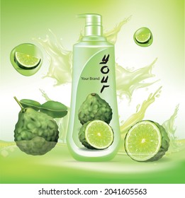 Vector Bergamot Juice, Fruit Glass Bottle With Drop Splash