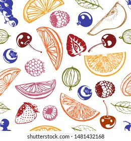Vector berries and fruits seamless background. Abstract currants, raspberries, citruses, cherries, gooseberries symbols. Linear contour color imagesfruit pattern.