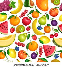 Vector Berries and Fruits Seamless Pattern. Raspberries, Strawberries, Grapes, Currants and Blueberries. Lemon, Peach, Apple or Pear. Orange , Watermelon Avocado and Melon