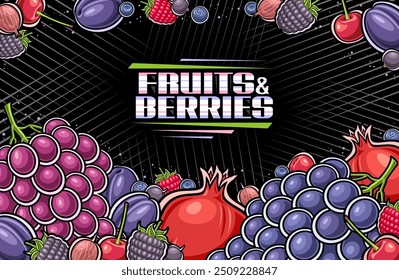 Vector Berries illustration with copy space for ad text, decorative template with cartoon design red and purple berry composition, horizontal voucher with many sweet variety berries on dark background