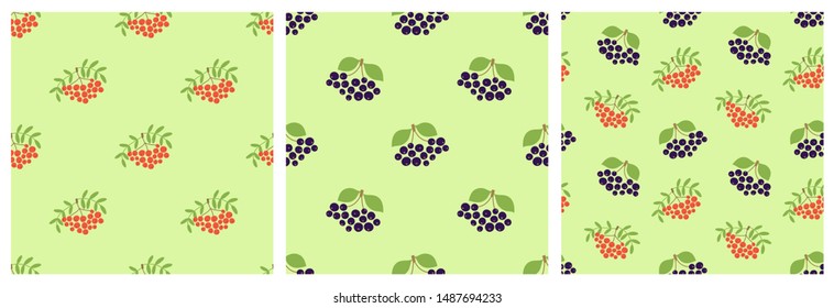 Vector berries. Mountain ash, black chokeberry and rowan. Seamless pattern set. Natural fashion print. Design elements for textile or clothes. Hand drawn doodle repeating delicacies. Food background