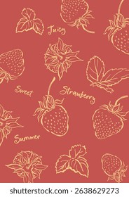 Vector berries poster of juicy linear strawberries and leaves. Hand-drawn garden harvest sketch. Organic farm graphics. Tasty food for design, veggie market drawing print, fabric or background.