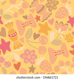 Vector berries seamless pattern with hearts, stars, bows, flowers and berries. Cute summer endless background.