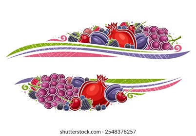 Vector Berry Border with copy space for ad text, decorative border with cartoon design red and purple fresh berry composition, horizontal frame with many different raw berry fruits on white background