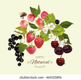 Vector berry composition with raspberry, cherry, strawberry and black currant. Design for natural cosmetics, beauty store, vegetarian menu, organic health care products, summer design element