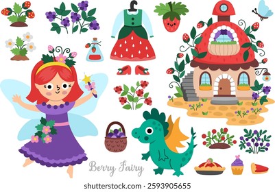 Vector berry fairy clipart set. Cute icons of girl with wings. Woodland princess collection. Fantasy, fairytale forest illustrations. Magic creature pack with butterfly, dragon, house, strawberry