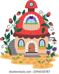 Vector berry fairy house icon isolated on white background. Woodland princess home clipart. Fantasy forest cottage illustration. Magic fairytale dwelling with roof shaped as strawberry, spiral ladder
