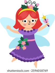 Vector berry fairy icon isolated on white background. Cute little girl with wings. Woodland princess clipart. Fantasy forest fay illustration. Magic fairytale creature in purple dress with strawberry
