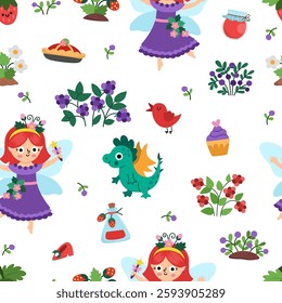 Vector berry fairy seamless pattern. Cute repeat background with little girl. Woodland princess digital paper. Fantasy forest, magic garden texture with butterfly, dragon, house, strawberry
