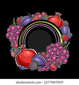 Vector Berry Frame with copy space for ad text, decorative square placard with cartoon design red and blue berry composition, circle frame with group of variety ripe juicy berries on dark background