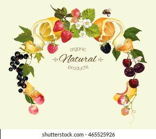 Vector Berry And Fruit Round Wreath Frame. Design For Tea, Ice Cream, Jam, Natural Cosmetics, Candy And Bakery With Fruit Filling, Health Care Products, Perfume. Can Be Used As Logo Design