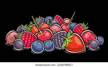 Vector Berry Heap, Anuncio decorativo con ilustración de contorno de la composición de naturaleza muerta de bayas con subgrupos verdes, diseño de dibujos animados impresión gráfica afrutada con muchas bayas diversas se mezclan sobre fondo oscuro