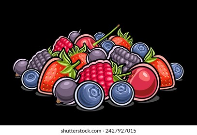 Vector Berry Heap, horizontal decorative poster with outline illustration of berry composition with green stems, cartoon design fruity graphic print with many diverse berries mix on dark background
