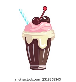Vector berry milkshake sticker illustration cartoon flat style. Milk shake with whipped cream sweet dessert with cherries