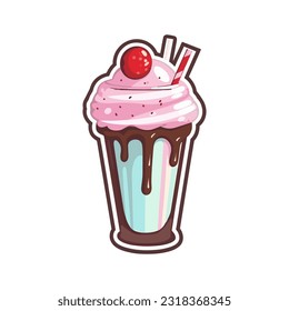 Vector berry milkshake sticker illustration cartoon flat style. Milk shake with whipped cream sweet dessert with cherries