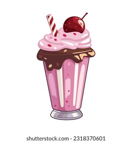 Vector berry milkshake sticker illustration cartoon flat style. Milk shake with whipped cream sweet dessert with cherries