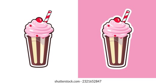 Vector berry milkshake sticker illustration cartoon flat style. Milk shake with whipped cream sweet dessert with cherries