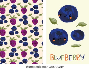 Vector berry pattern and blueberry illustration. Cute and funny design for kids