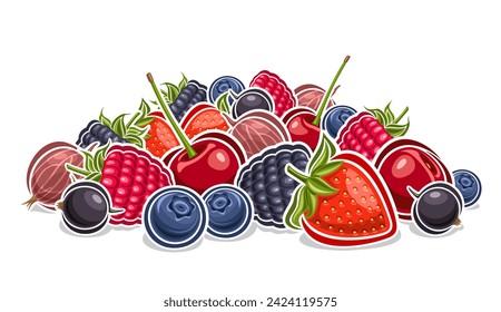 Vector Berry Pile, decorative banner with outline illustration of berry still life composition with green stems, cartoon design fruity graphic print with many assorted berries on white background