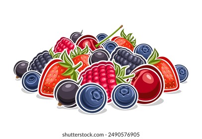 Vector Berry Pile, decorative horizontal poster with outline illustration of farming berry composition with green stems, fruity graphic print with many assorted garden berries on white background
