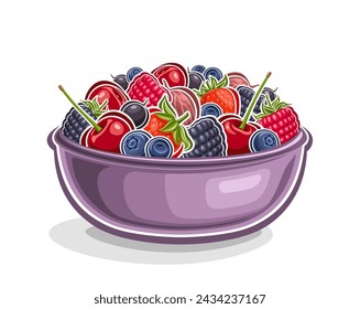 Vector Berry Plate, horizontal poster with isolated cartoon design berries composition with green leaves and stems, outline illustration of various berry fruits in purple plate on white background