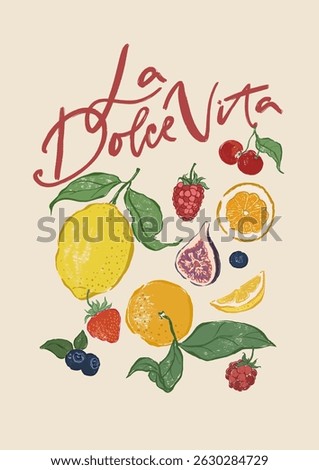 Vector berry poster of lemon, orange, figs and cherry. Hand-drawn garden harvest sketch. Tasty food illustration for restaurant and cafe interior, fruit market drawing print, fabric or background.