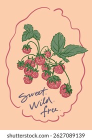Vector berry poster of wild strawberry and leaves. Hand-drawn garden harvest sketch. Tasty food illustration for restaurant and cafe interior, fruit market drawing print, fabric or background.
