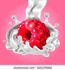 Vector berry raspberry with milk. Illustration from a mesh gradient.