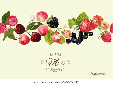 Vector berry seamless horizontal border. Background design for juice, tea, natural cosmetics, bakery with berry filling, farmers market, grocery ,health care products. Best for packaging design.