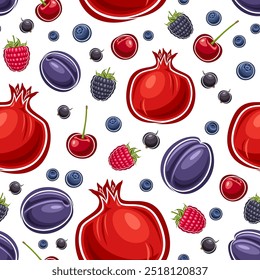 Padrão sem emenda do vetor Berry, fundo decorativo com diferentes bagas de desenho animado para papel de embrulho ou roupa de cama, cartaz quadrado com frutos de baga ainda vida com folhas verdes no fundo branco