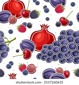 Vetor Berry Padrão sem emenda, fundo decorativo com bagas de desenhos animados voadores para papel de embrulho ou roupa de cama, cartaz quadrado com frutos de baga de postura plana crua com folhas verdes sobre fundo branco