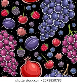 Vector Berry Seamless Pattern, decorative background with flying ripe cartoon berries for wrapping paper or bed linen, square placard with flat lay berry fruits with green leaves on dark background