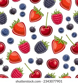 Vector Berry Seamless Pattern, repeat background with different cut out ripe garden berries for bed linen, decorative square poster with many flat lay whole juicy berry fruits for home interior decor