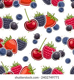 Vector Berry Seamless Pattern, repeat background with isolated illustrations of still life composition juicy berries for wrapping paper, square poster with flat lay ripe berry fruits for home interior