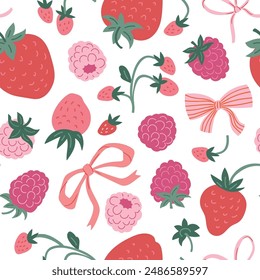 vector berry seamless pattern. Strawberry and bows isolated on the white background. Stylish fruit design for tea towels and tablecloths. Fresh and cute seamless fabric design.