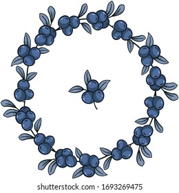 Vector berry wreath; blueberry twigs wreath for greeting cards, invitations, posters, banners, wedding cards, web design.