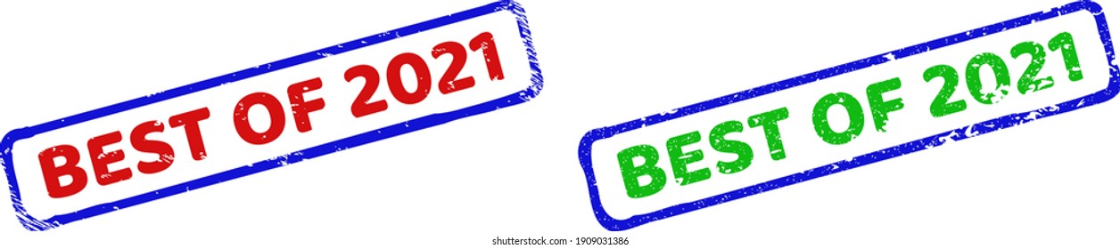 Vector BEST OF 2021 framed imprints with scratched surface. Rough bicolor rectangle seal stamps. Red, blue, green colors used.