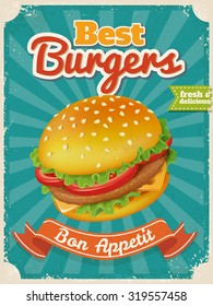 Vector Best Burgers poster in vintage style with typography elements. High detailed vector burger illustration.